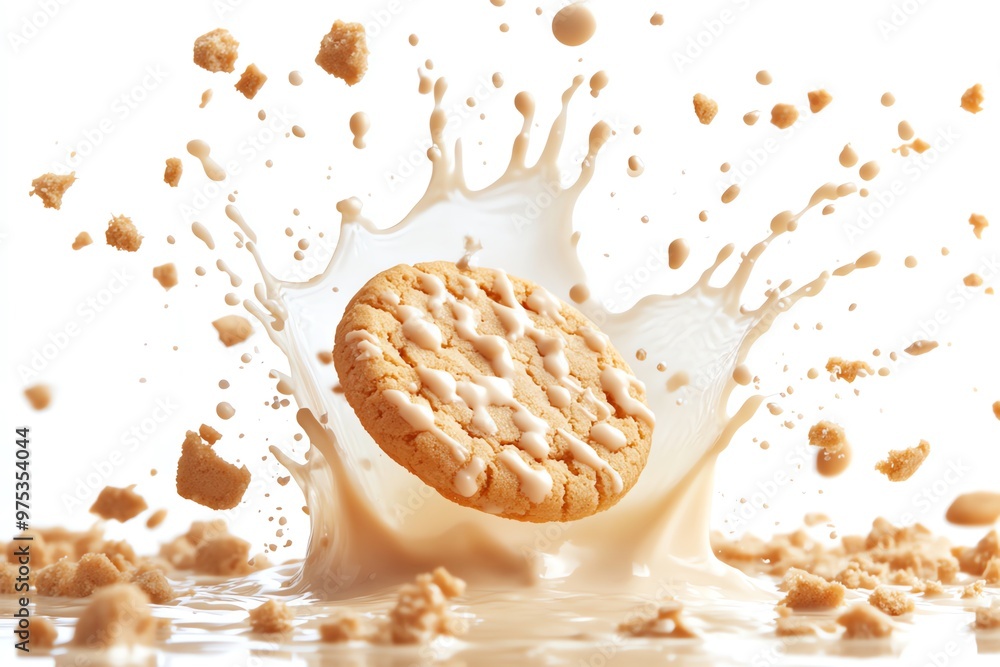 Poster iced cookie splashing into a pool of milk with pieces of cookie.