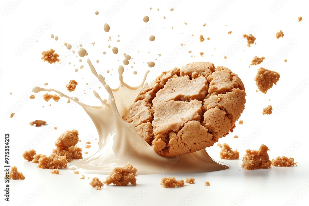 Poster closeup of a cookie dipped in milk, creating a splash and crumbs around it.