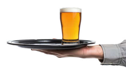 A hand holds a waiter's tray with a beer on it on transparent background