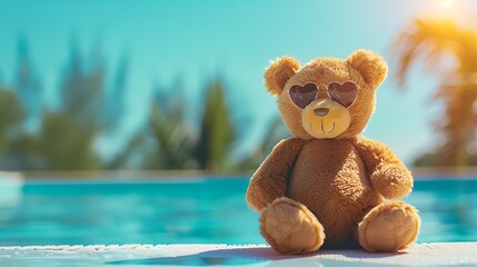 Teddy bear sitting at the poolside isolated on colorful background