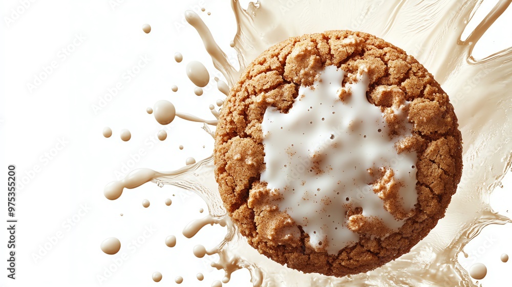 Poster close-up of a round cookie with white frosting being dunked in a splash of milk.