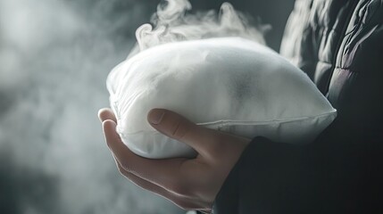 A person holds a pillow releasing steam, creating a serene and mystical atmosphere in a softly lit environment.