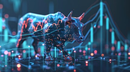 3D rendering of a stock market chart with a bull symbol showing an uptrend in finance, business growth.