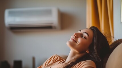 Woman in room relaxing and enjoying cool and comfort environment under air conditioning resting on sofa with closed eyes