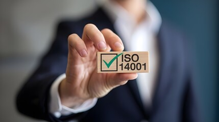 A businessman holding a small wooden block with a green checkmark and 'ISO 14001' written on it. ISO 14001 certified, iso 14001 environmental management system