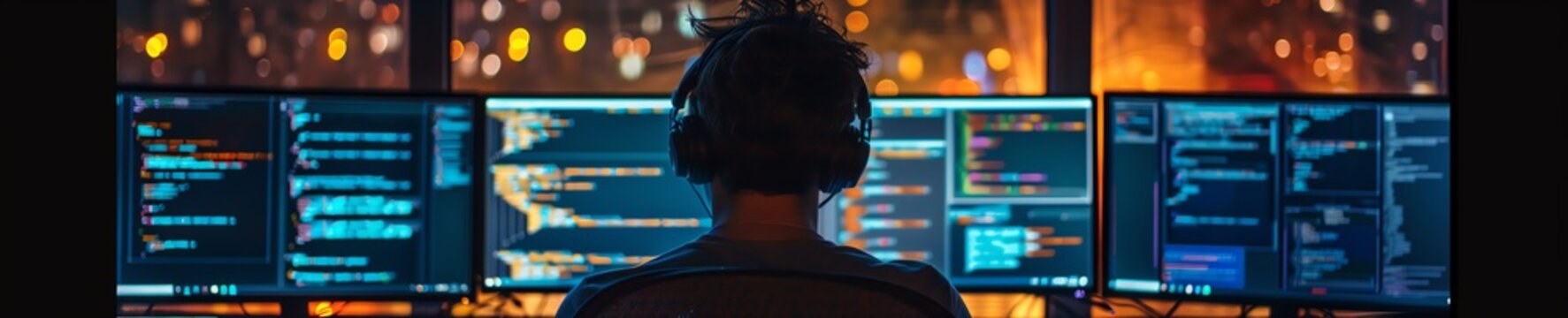 Person coding on a laptop with multiple monitors, detailed code, overtheshoulder view