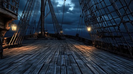 Fototapeta premium A deserted pirate ship deck with wooden planks, sails, and rigging, set against a moody sky backdrop for a theater stage scene.