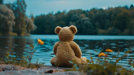 teddy bear toy sitting back to the camera alone at the lakeside