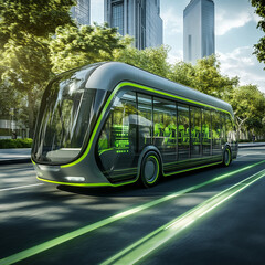 Obraz premium Modern Electric Bus Design with Vibrant Green Details: Revolutionizing Public Transit
