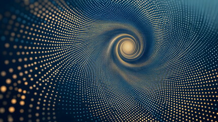 A flat illustration of dots arranged in a golden section spiral, evenly spaced, with a subtle gradient transitioning from deep blue to pale white in the background