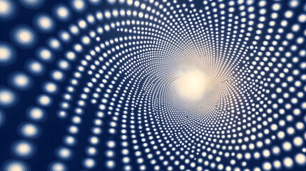 A flat illustration of dots arranged in a golden section spiral, evenly spaced, with a subtle gradient transitioning from deep blue to pale white in the background