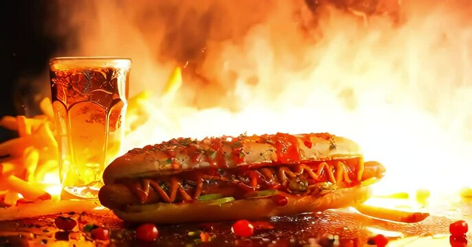 Tasty panini sandwich with smoke and fire background