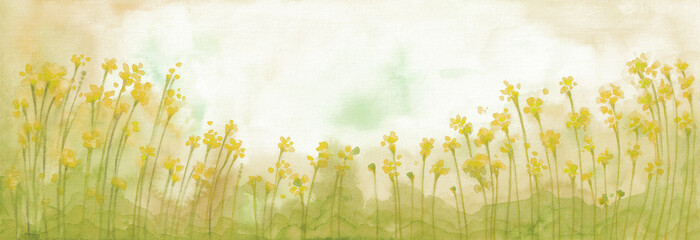 Soft yellow green mountain landscape. Morning Nature landscape. Silhouettes of mountains and flowers. Watercolor painting background