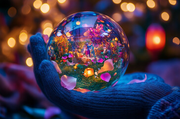 A Pair of Gloves Holding a Crystal Ball with a Miniature Metropolis: Urban Futures Imagined
