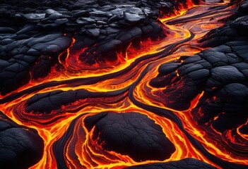 vibrant lava patterns displayed dark volcanic rock showcasing fiery colors unique textures striking contrast, surface, geology, mineral, eruption, shiny