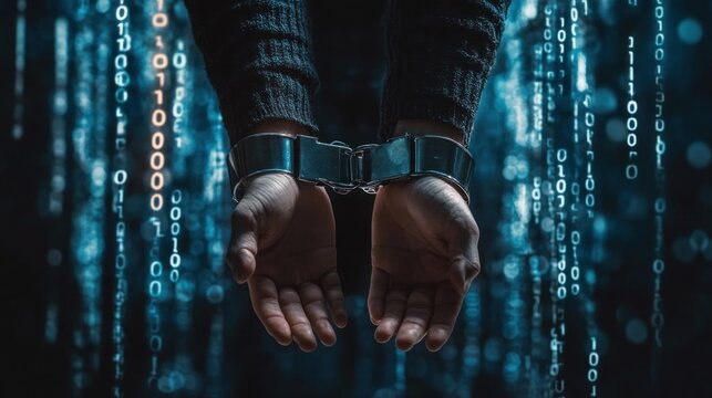 hands in handcuffs surrounded by binary code representing cybercrime and arrest