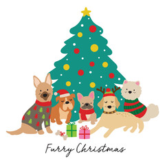 Vector illustration of cute dogs of different breeds in holiday outfits under a Christmas tree.