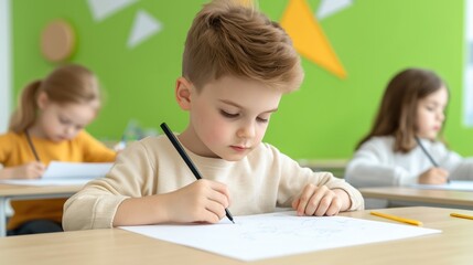 Fototapeta premium Focused young children drawing at school in a creative classroom