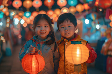 Fototapeta premium Chinese New Year, two children holding lanterns