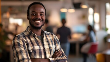 Fototapeta premium Smiling Black Man in Plaid Shirt with Arms Crossed in Office Setting