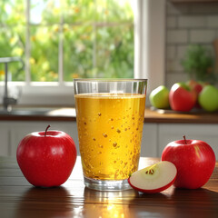  The Perfect Start to the Day: A Kitchen Scene with a Glass of Apple Juice, Sunlight, and a Touch of Country Charm