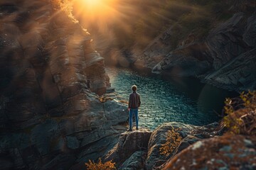 Obraz premium Man admiring serene sunrise over rocky lake in mountainous landscape
