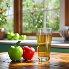  The Perfect Start to the Day: A Kitchen Scene with a Glass of Apple Juice, Sunlight, and a Touch of Country Charm