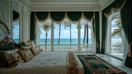 Indulge in Luxury: Exquisite Ocean View Sleeping Chamber Poster with Elegant White Walls and Deep Green Curtains – Perfect for Enhancing Any Elegant Interior Space