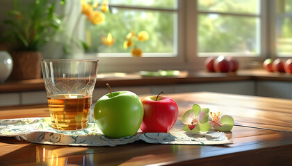  The Perfect Start to the Day: A Kitchen Scene with a Glass of Apple Juice, Sunlight, and a Touch of Country Charm