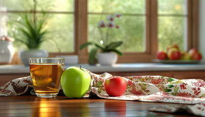  The Perfect Start to the Day: A Kitchen Scene with a Glass of Apple Juice, Sunlight, and a Touch of Country Charm