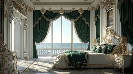 Indulge in Luxury: Exquisite Ocean View Sleeping Chamber Poster with Elegant White Walls and Deep Green Curtains – Perfect for Enhancing Any Elegant Interior Space