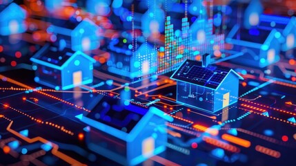 photograph of A dynamic representation of smart housing data analytics, this digital model displays illuminated blue houses with rising graphs indicating technological progress.