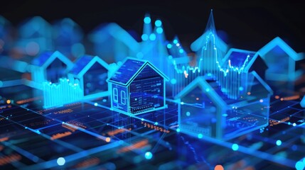 photograph of A dynamic representation of smart housing data analytics, this digital model displays illuminated blue houses with rising graphs indicating technological progress.