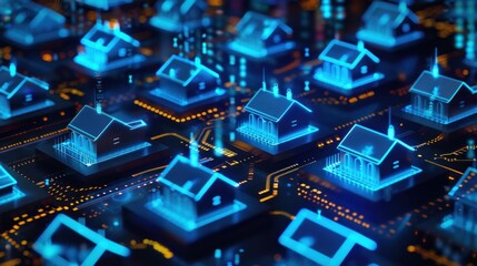 photograph of A dynamic representation of smart housing data analytics, this digital model displays illuminated blue houses with rising graphs indicating technological progress.