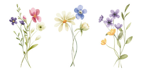 Floral set, watercolor digital illustration for greeting card, poster, invitation and other printing design. Isolated on white. Hand painting.