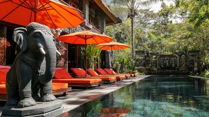 Obraz premium Transform Your Space with a Serene Oasis Poster: Elephants, Reflective Pools, Stylish Loungers, and Vibrant Umbrellas for Sporty Interiors and Relaxing Ambiance
