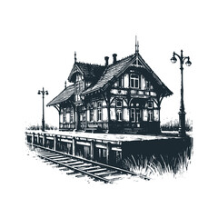 The old train station. Black white vector logo illustration. Isolated on white background