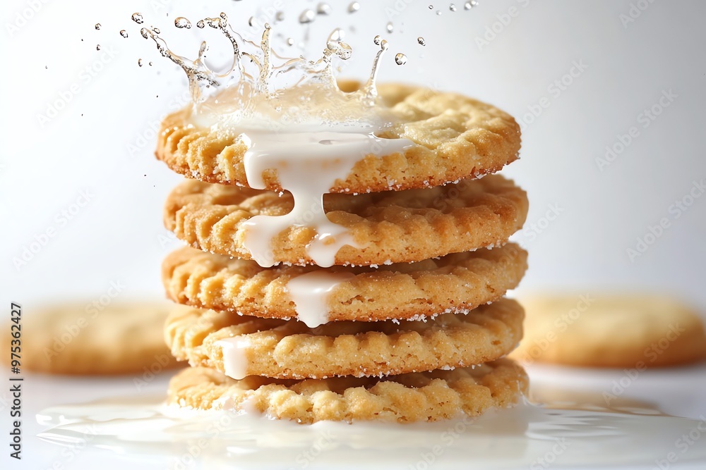 Poster stack of cookies with milk splash and drip.