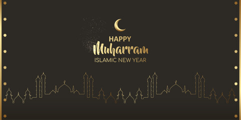 happy muharram islamic new year card design with crescent moon and mosque with line art style