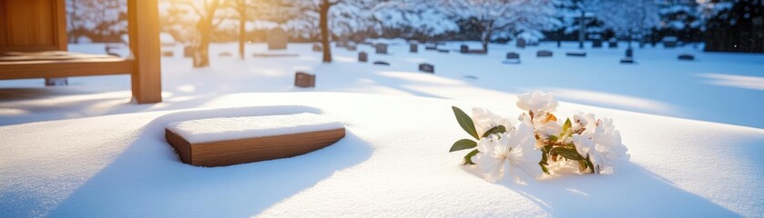 A snow-covered graveyard with an untouched grave, remembrance, mourning in silence