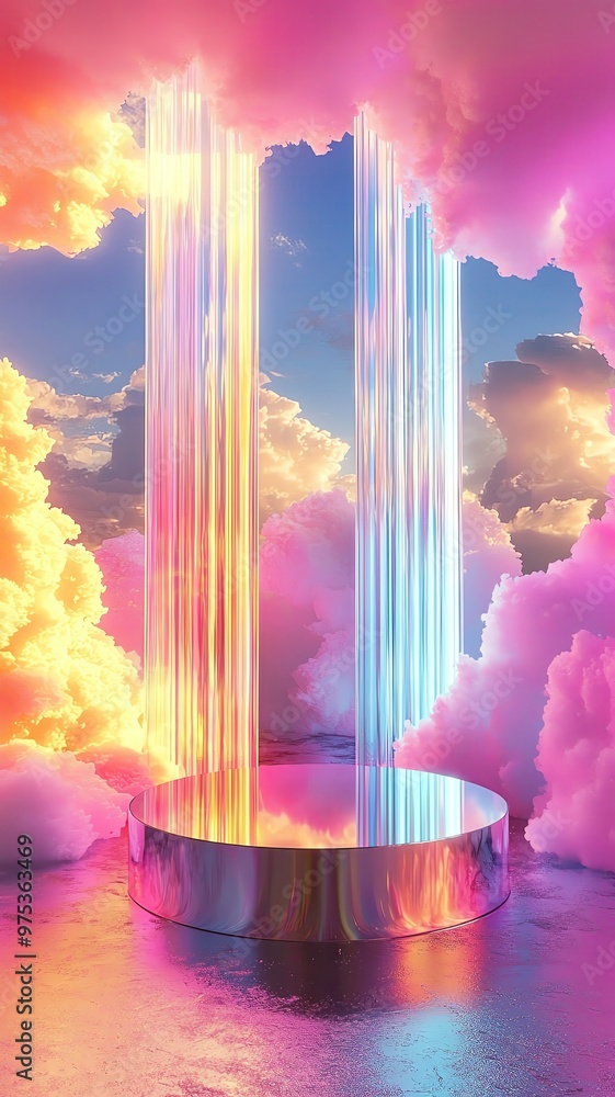 Sticker a vibrant surreal landscape with colorful clouds and light beams emerging from a circular base, crea