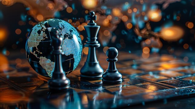 The world globe with chess pieces geopolitics and economic crisis