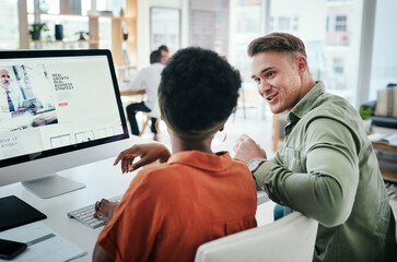 Business people, teamwork and computer screen in office with helping to choose design layout for...