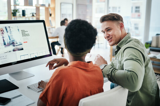 Business people, teamwork and computer screen in office with helping to choose design layout for online campaign. Graphic designer, employee and support at desk for project brainstorming and print ad
