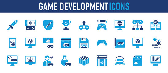 Game Development icons set. Sword Fight, Coding Book , Battle Shield, Online Store, Game Controller, Trophy, Malware, Networking, Coding, Puzzle Game, Soccer, Video Game,  vector.