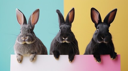 Fototapeta premium Three Rabbits holding a white banner isolated on colorful background
