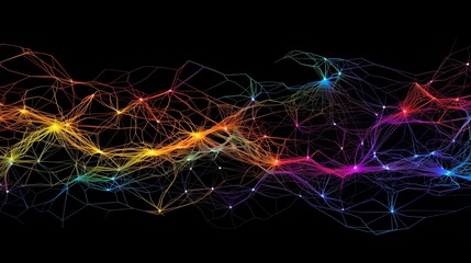 Abstract multicolor network of interconnected lines on black background, representing digital communication and neural connections.