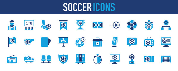 Soccer icons set. Referee, Football Flag, Kick, Soccer Field, Soccer Ball, Stopwatch, Semifinals, Flag, Whistle , Penalty Card, Presentation, Score Board, Time, vector.