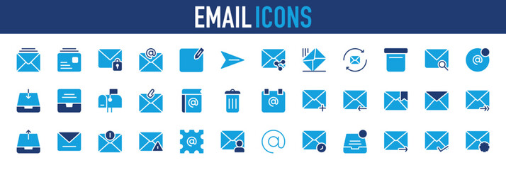 Email icons set. Email, Messaging, Details, Send Message, Mail, Write Message, Send, Receive Mail, Delete, Synchronise, Letterbox, Confidential Email, Post, Notification, Share, Attachment vector.