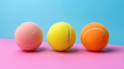 Obraz premium three yellow, pink and orange tennis balls isolated on colorful background